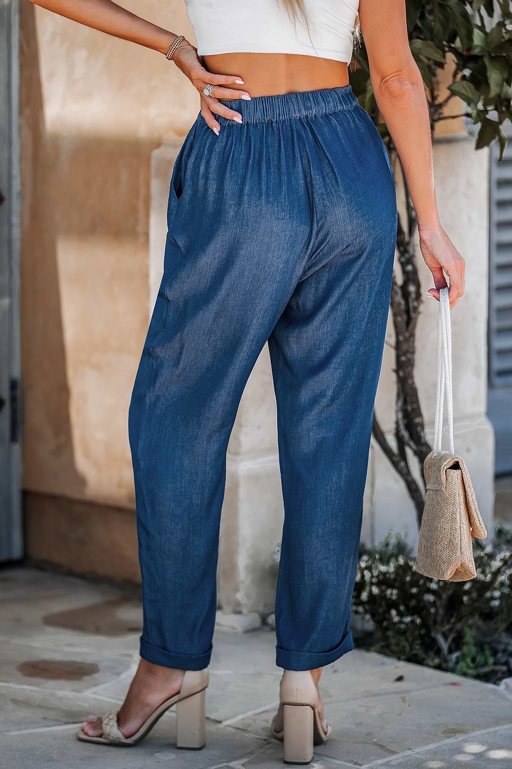 Blue Elastic Waist Tapered Leg Pants