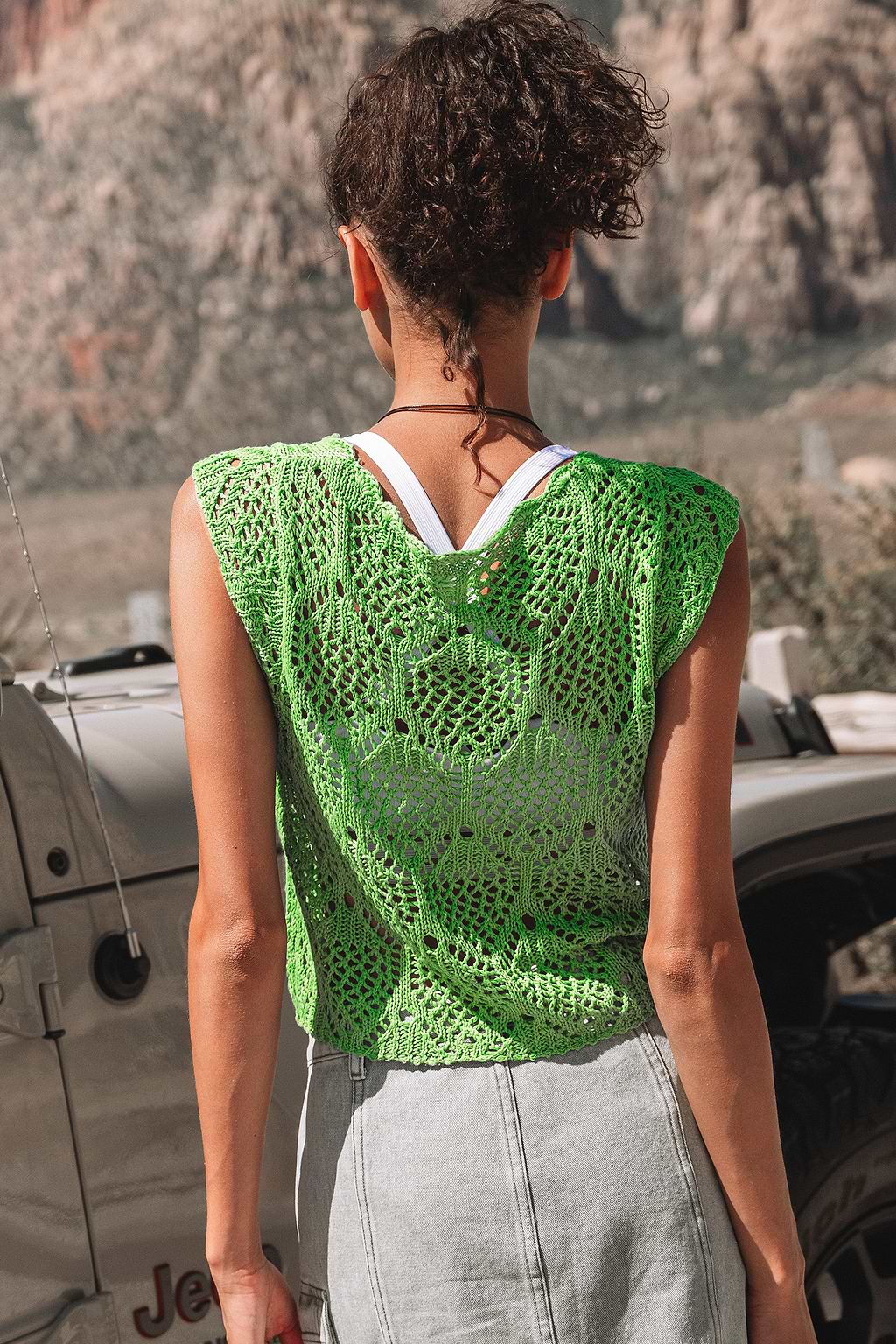 Green Scoop Neck Cap Sleeve Crochet Cover-Up