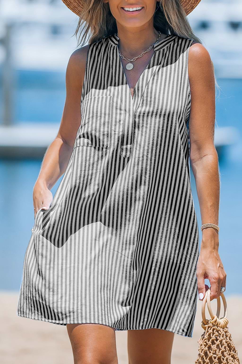 Black and White Stripe Sleeveless V-Neck Mini Dress