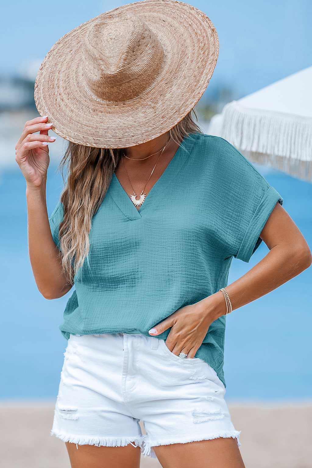 Schieferfarbenes Baumwoll-Top mit Dolman-Ärmeln und V-Ausschnitt