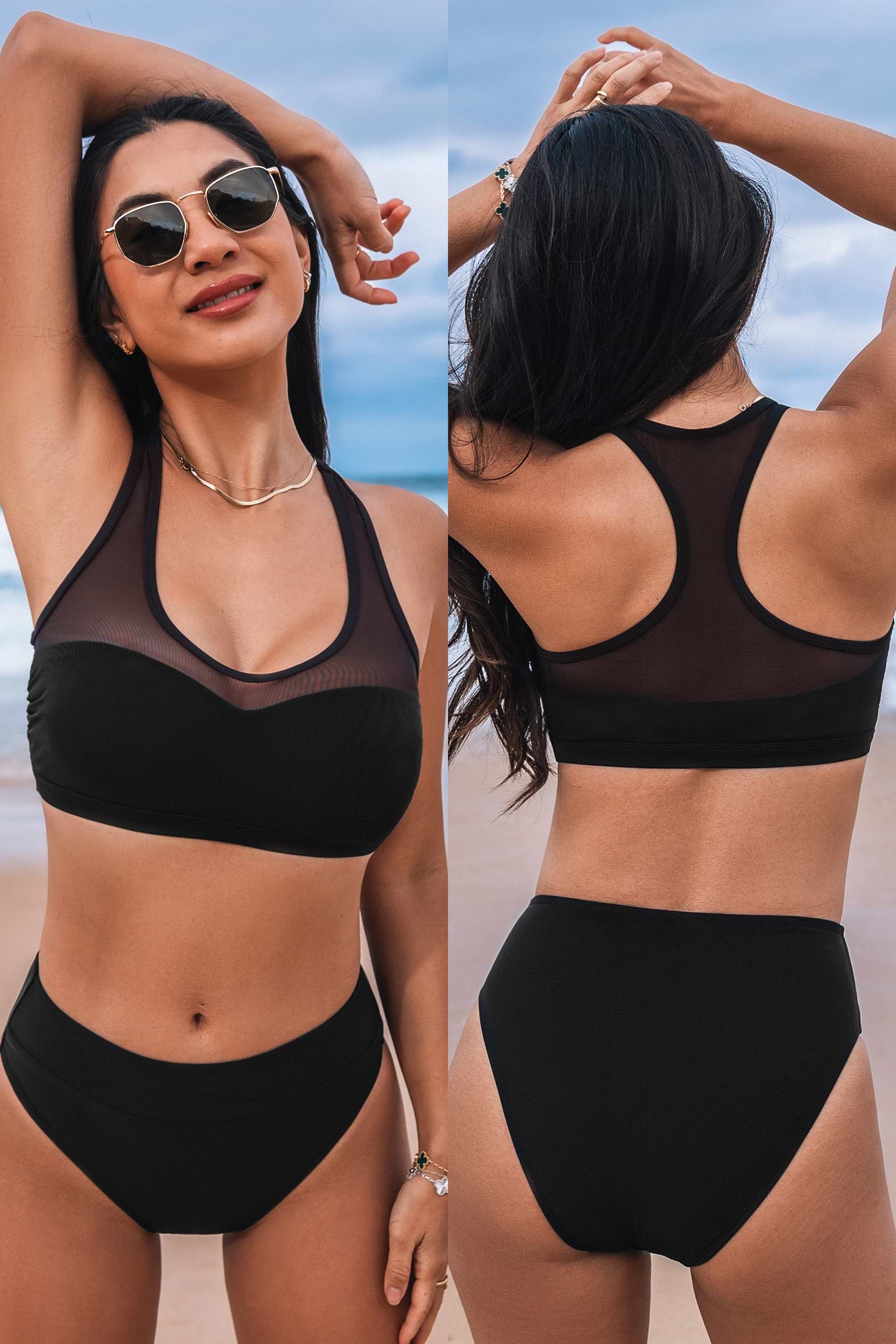 Onyx Racerback Mesh Bikini Top & High-Waisted Bottoms Set