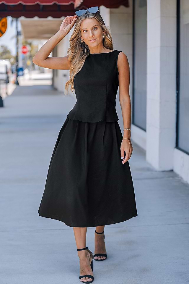 Black Sleeveless Boatneck Top Midi Skirt Set