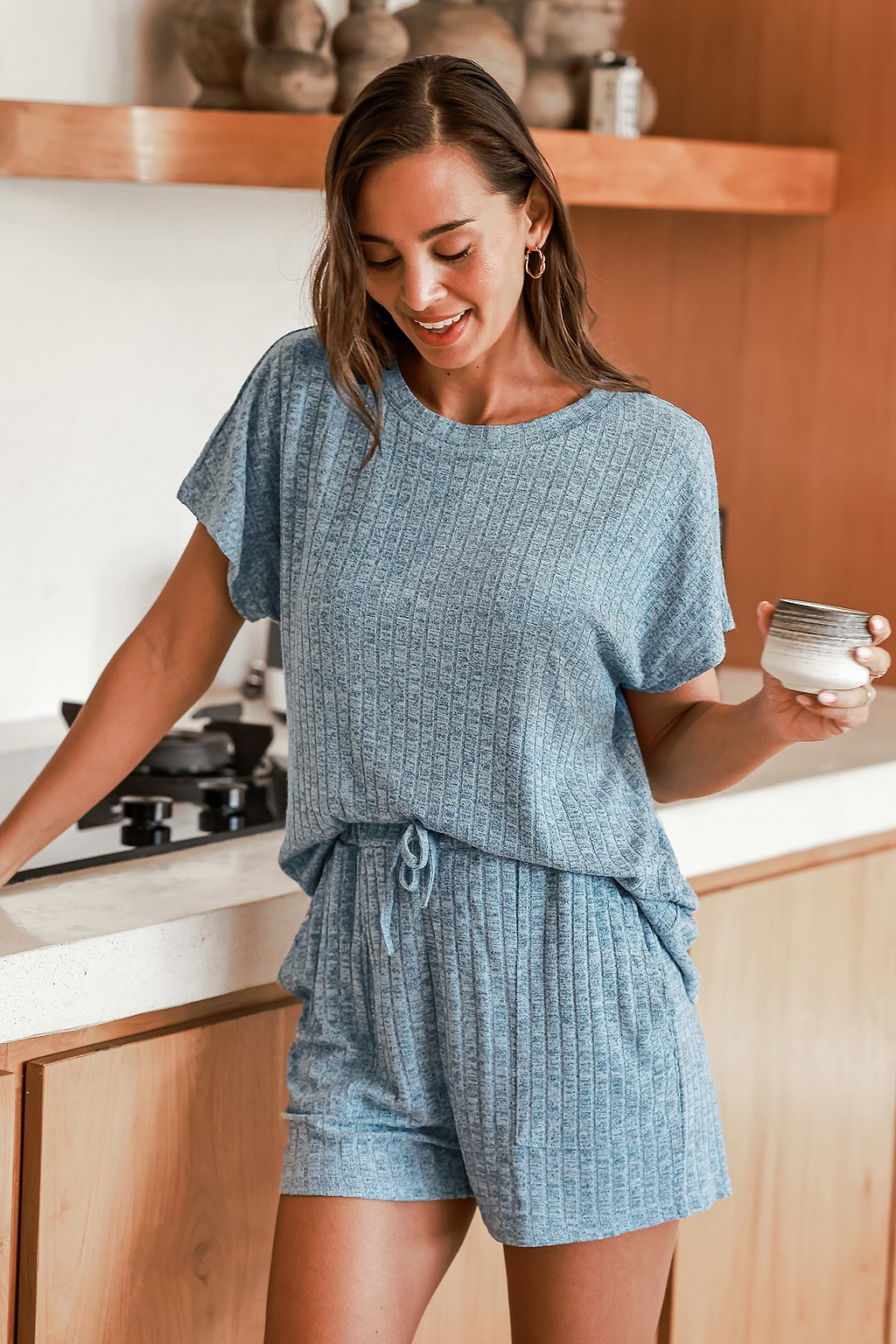 Ensemble de pyjama en tricot côtelé avec manches courtes et short