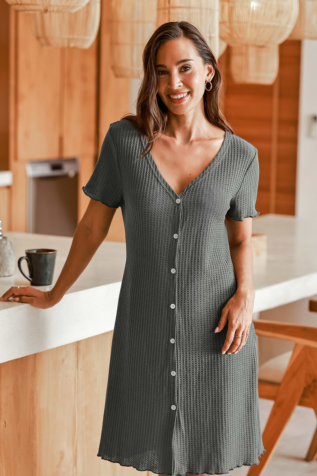 Grey Waffle Knit Front Button Lounge Dress