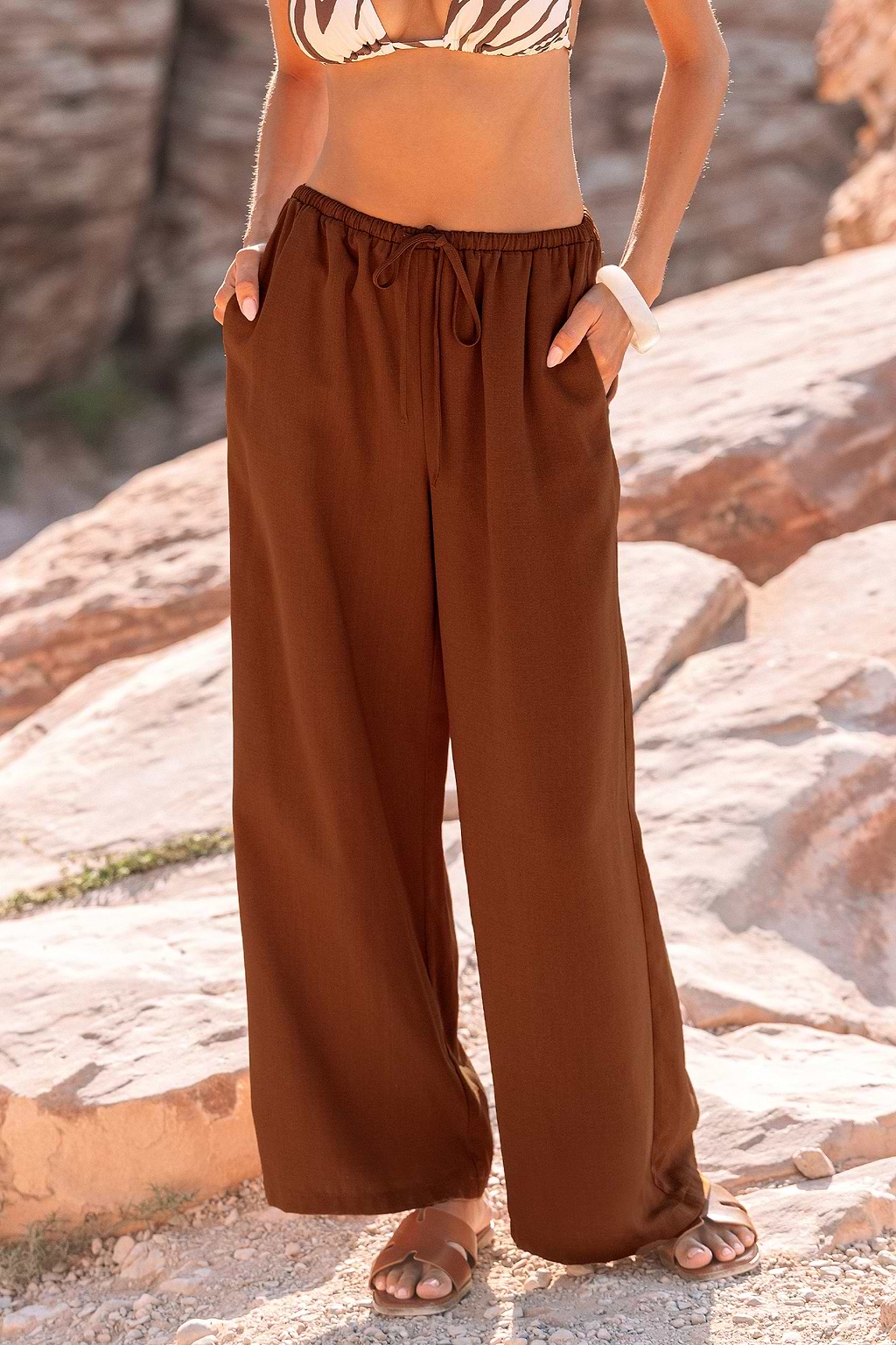 Chocolate Elastic Waist Wide Leg Pants