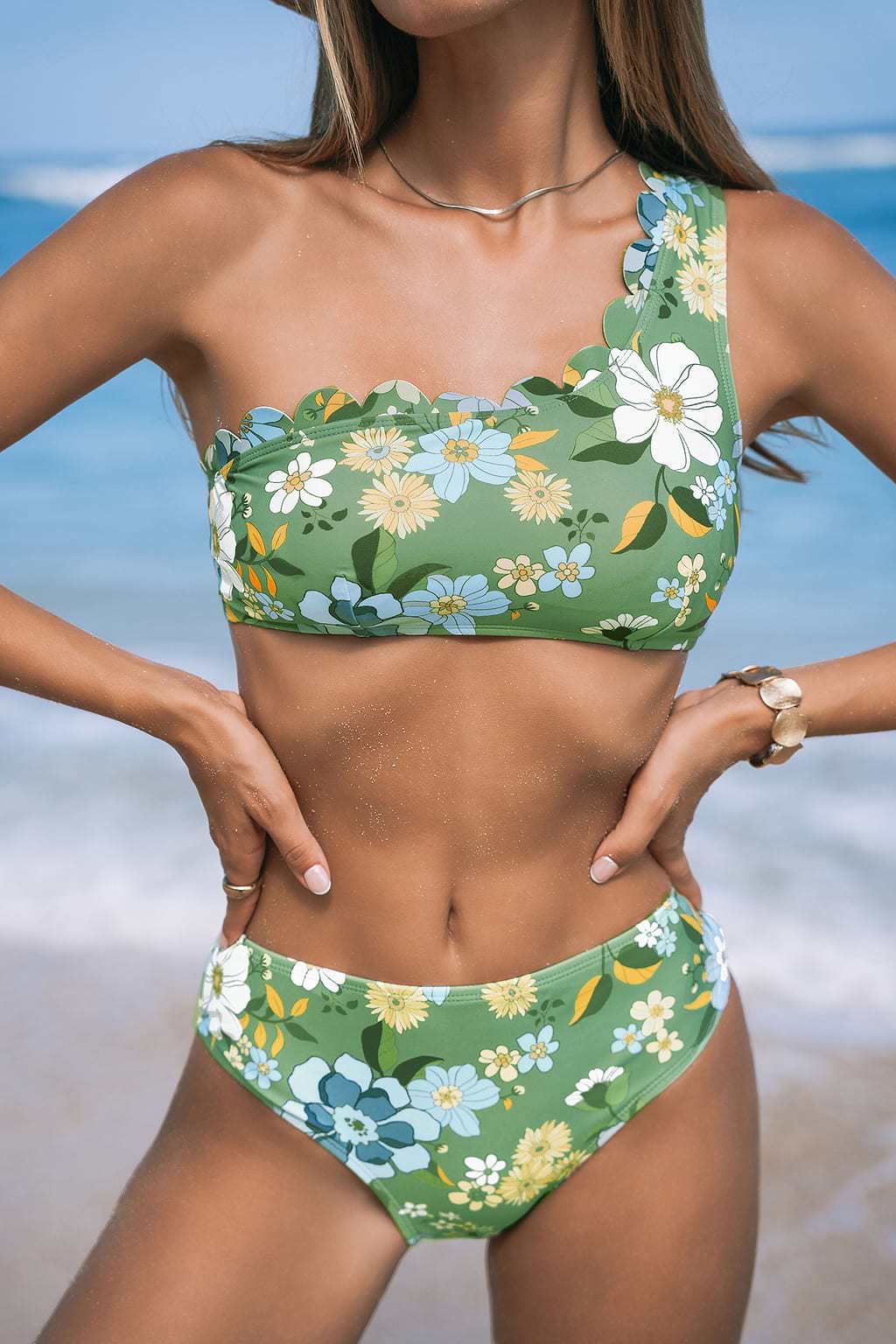 Floral Print One-Shoulder Bikini Top & Mid-Rise Bottoms Set