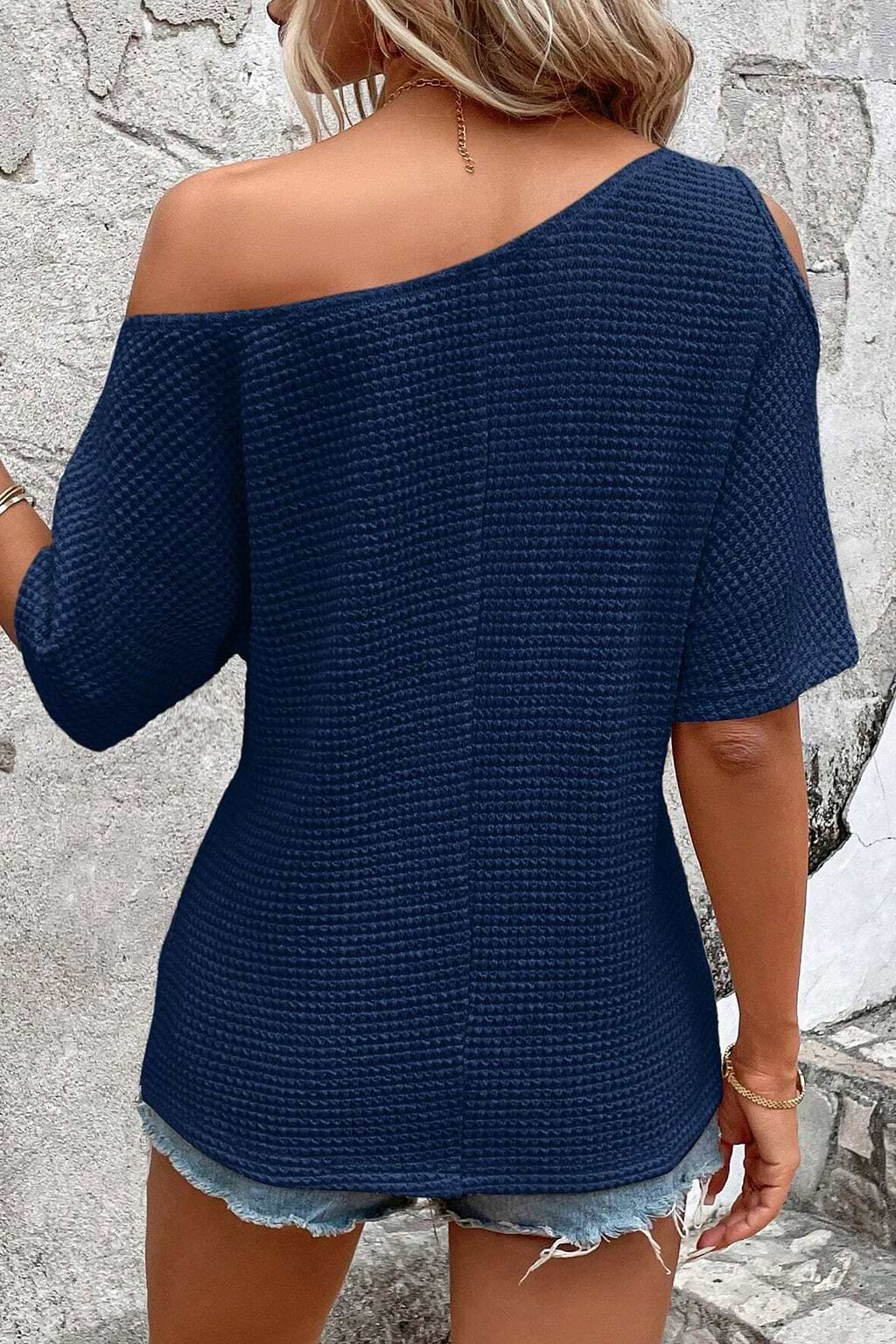 Navy Asymmetrical Off-Shoulder Tee