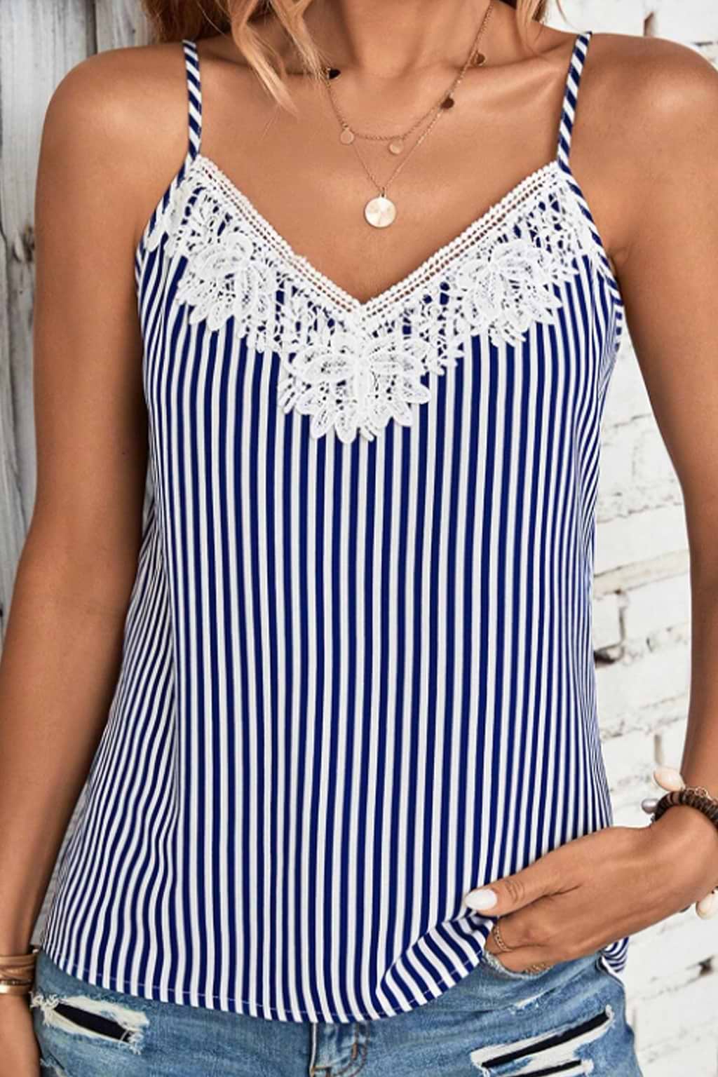 Blue & White Stripe Lace Trim V-Neck Cami