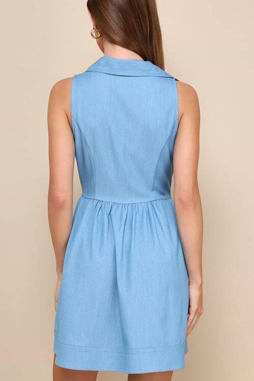 Blue Collared Sleeveless Front Button Mini Dress