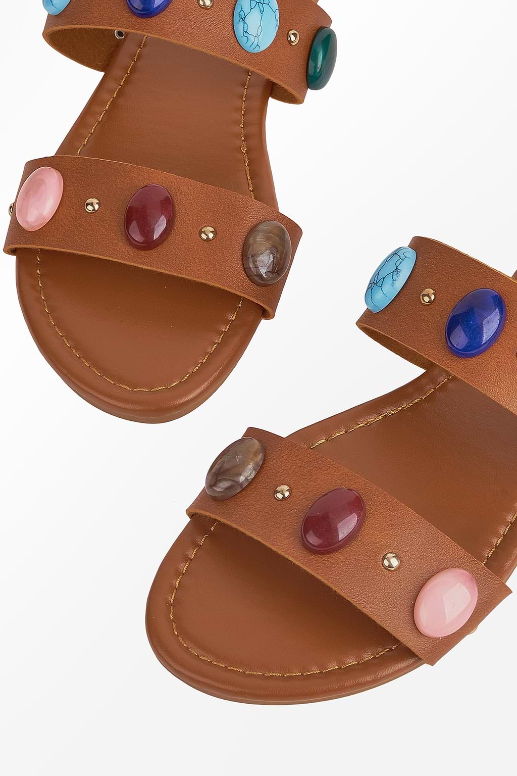 Embellished Faux Leather Dual Strap Slides