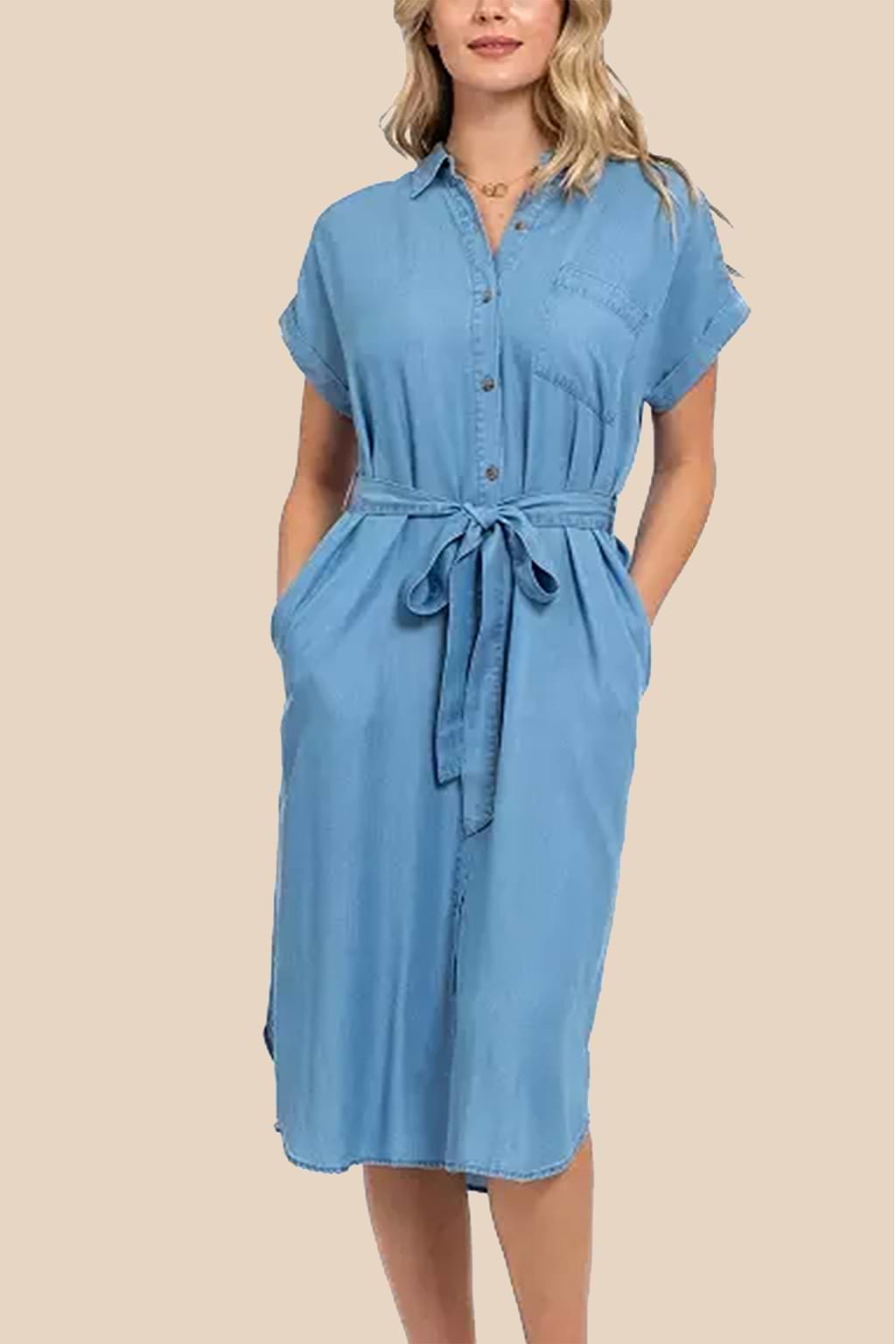 Sky Blue Collared Front Button Midi T-Shirt Dress