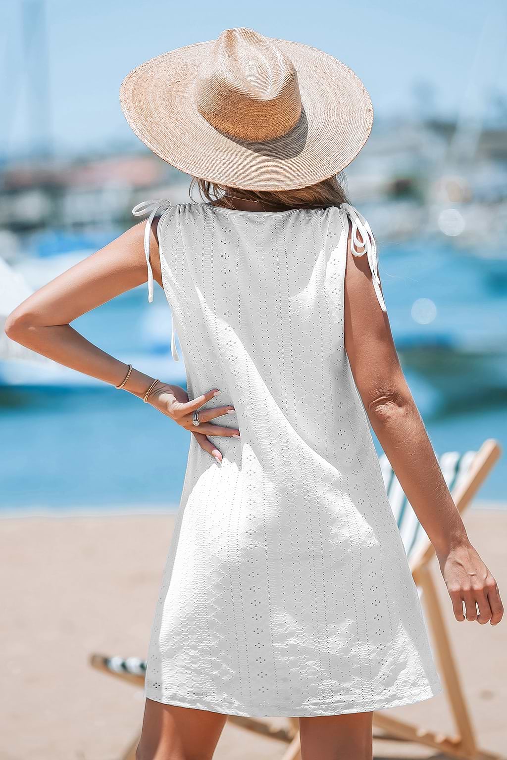 White Sleeveless Scoop Neck Jersey Eyelet Mini Dress