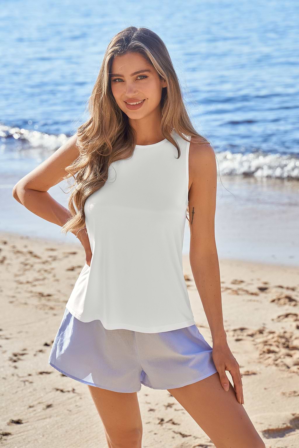 White Sleeveless Round Neck Jersey Top