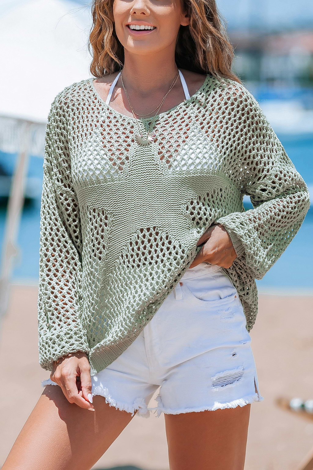 Green Long Sleeve Star Knit Sweater