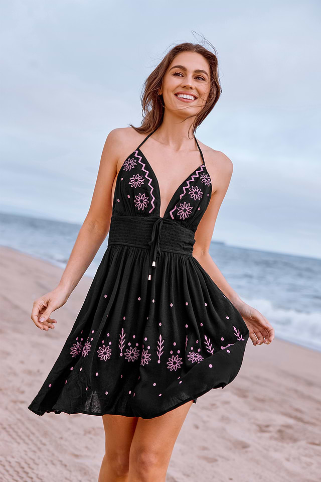 Floral Embroidery Halterneck Mini Dress