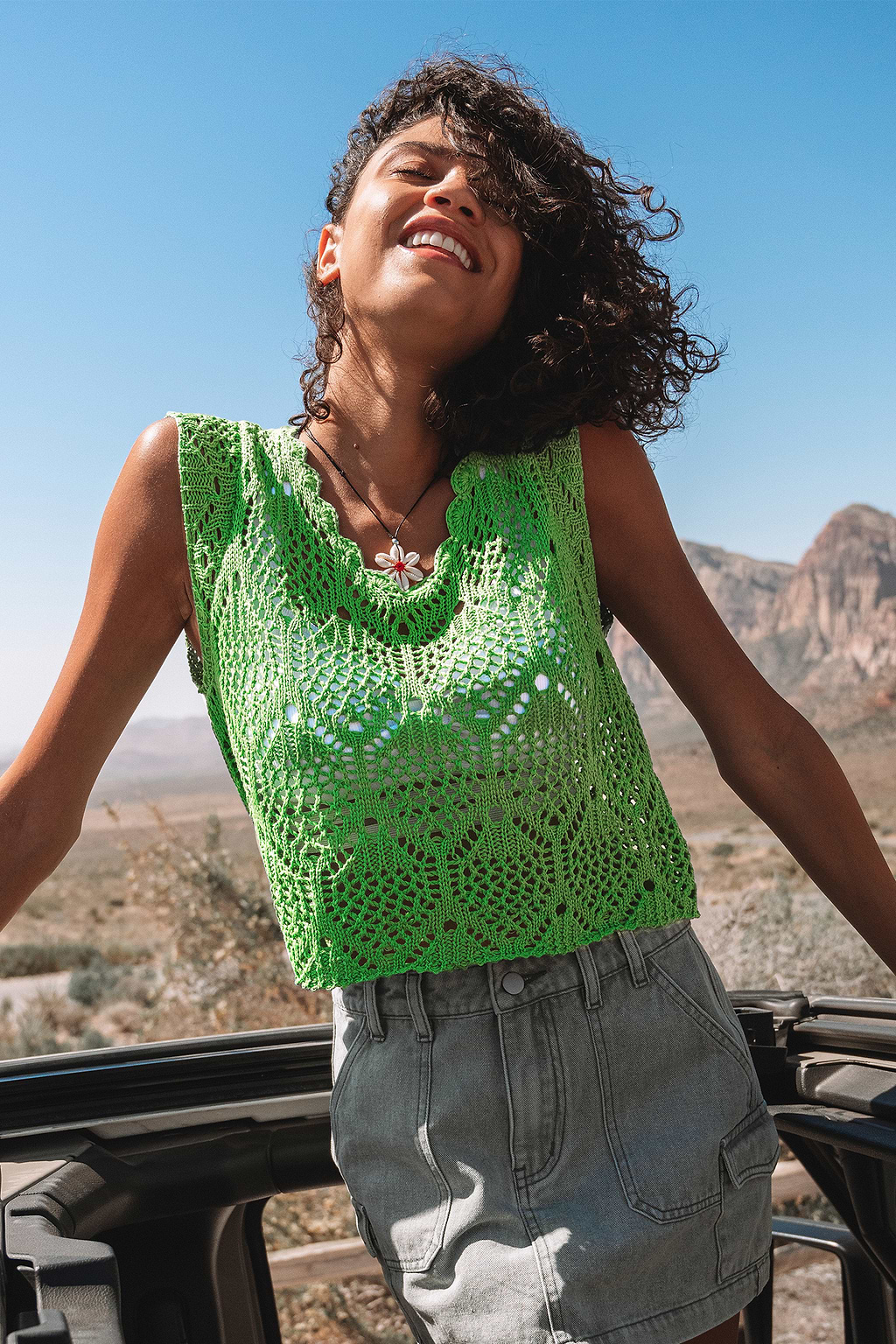 Green Scoop Neck Cap Sleeve Crochet Cover-Up
