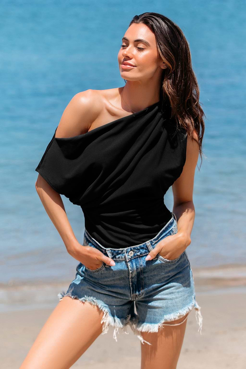 Black Asymmetrical Off-Shoulder Bodysuit