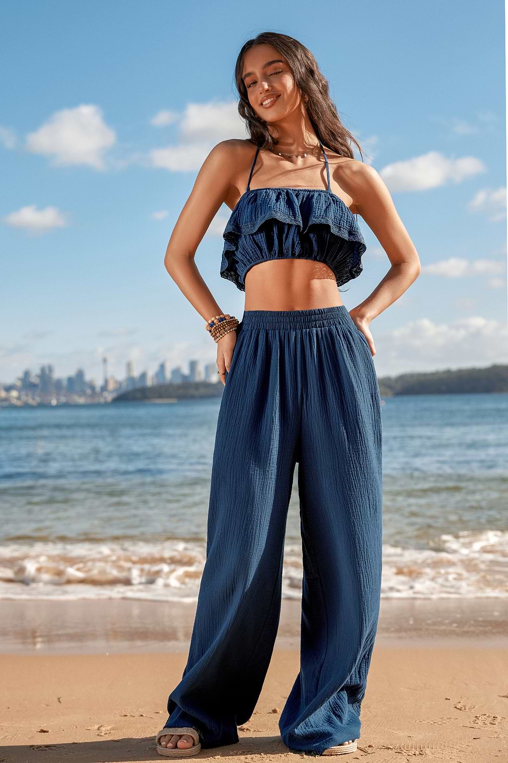 Gekräuseltes Neckholder-Crop-Top aus Baumwolle