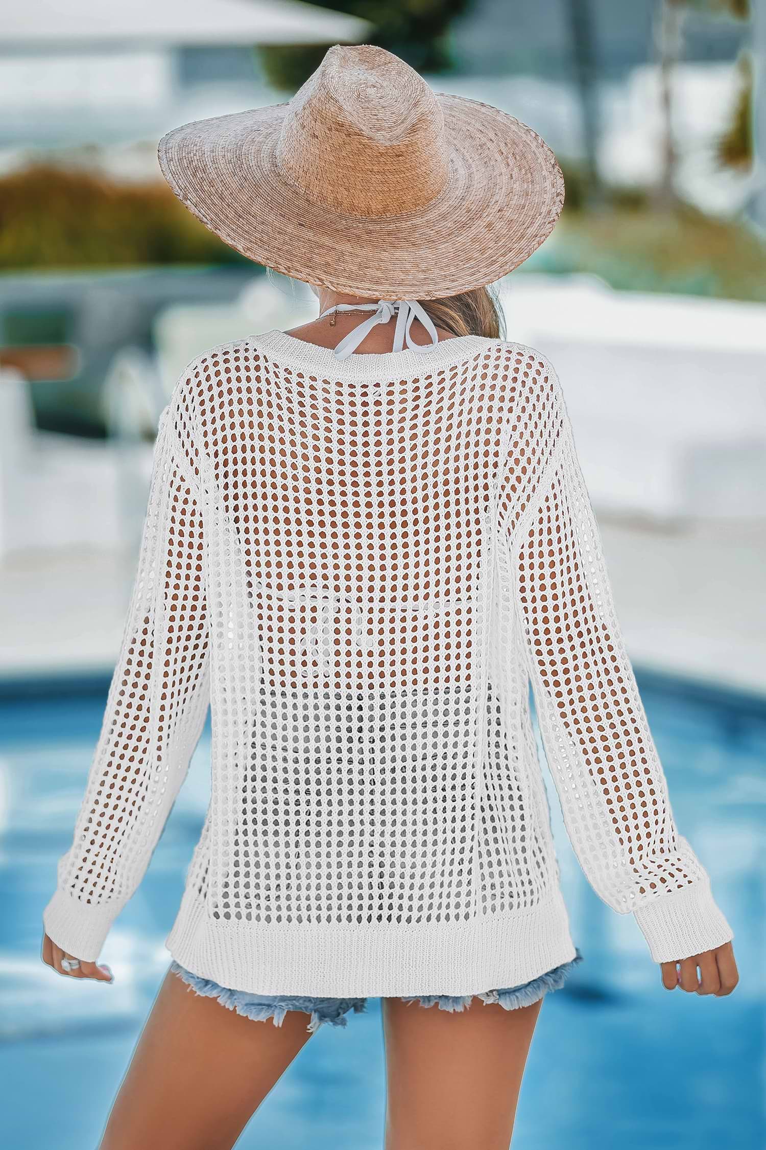 White Crochet V-Neck Cover-Up Top