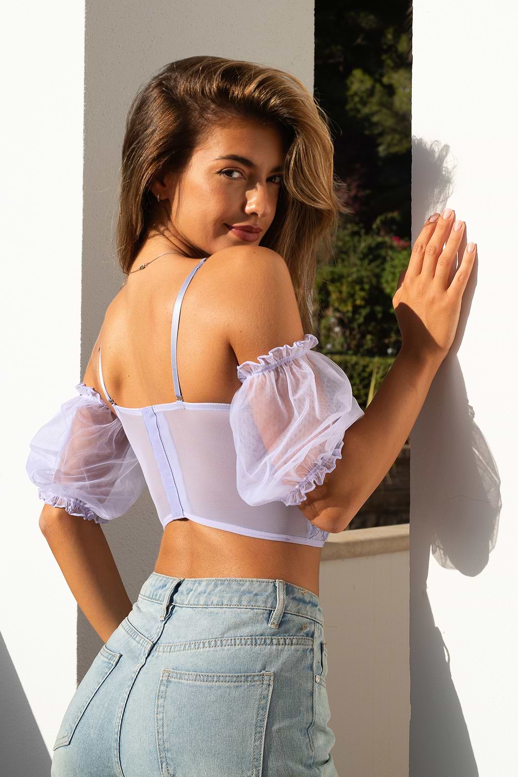 Purple Lace Off-Shoulder Puff Sleeve Bustier