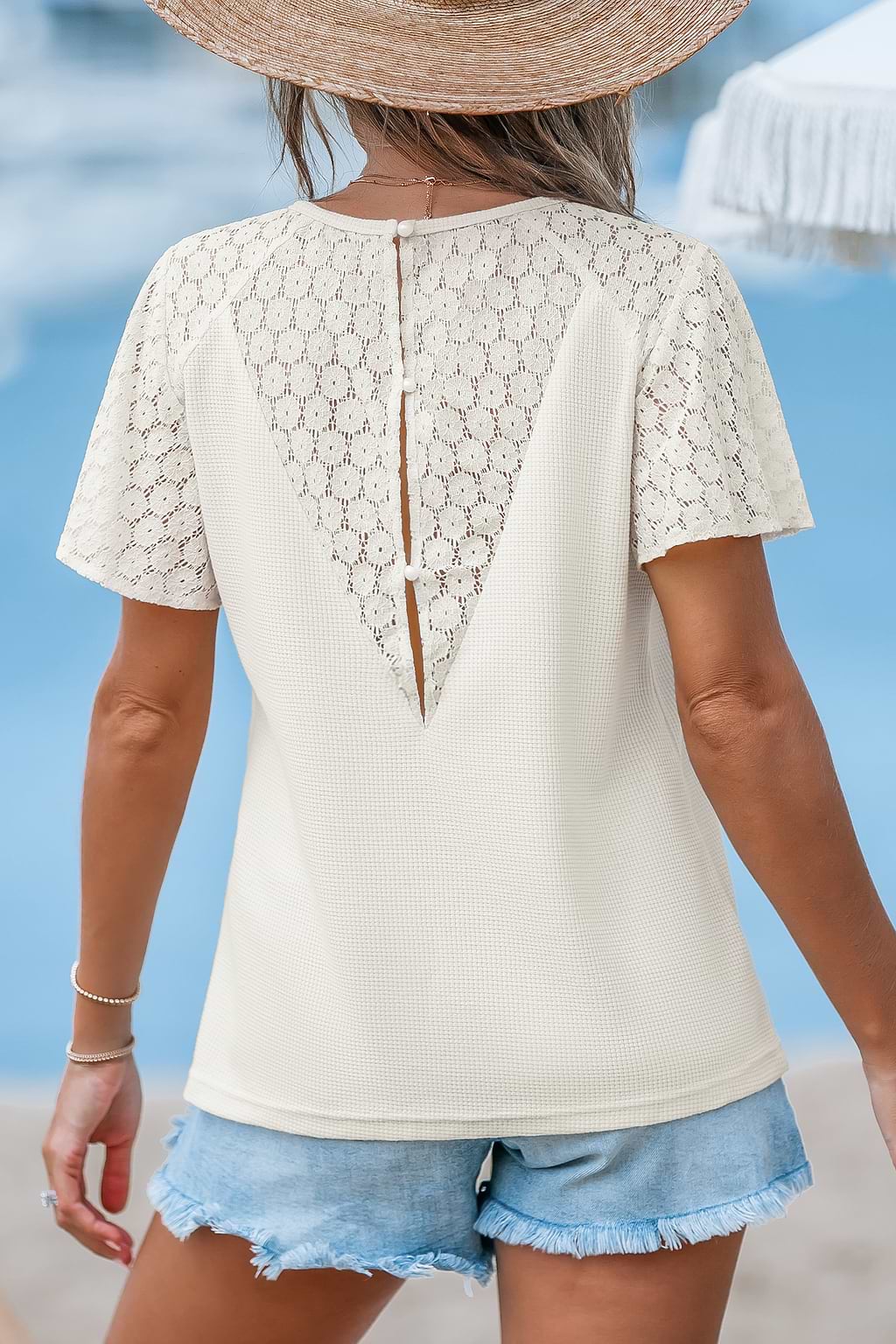 Apricot Lace Short Sleeve V-Neck Tee