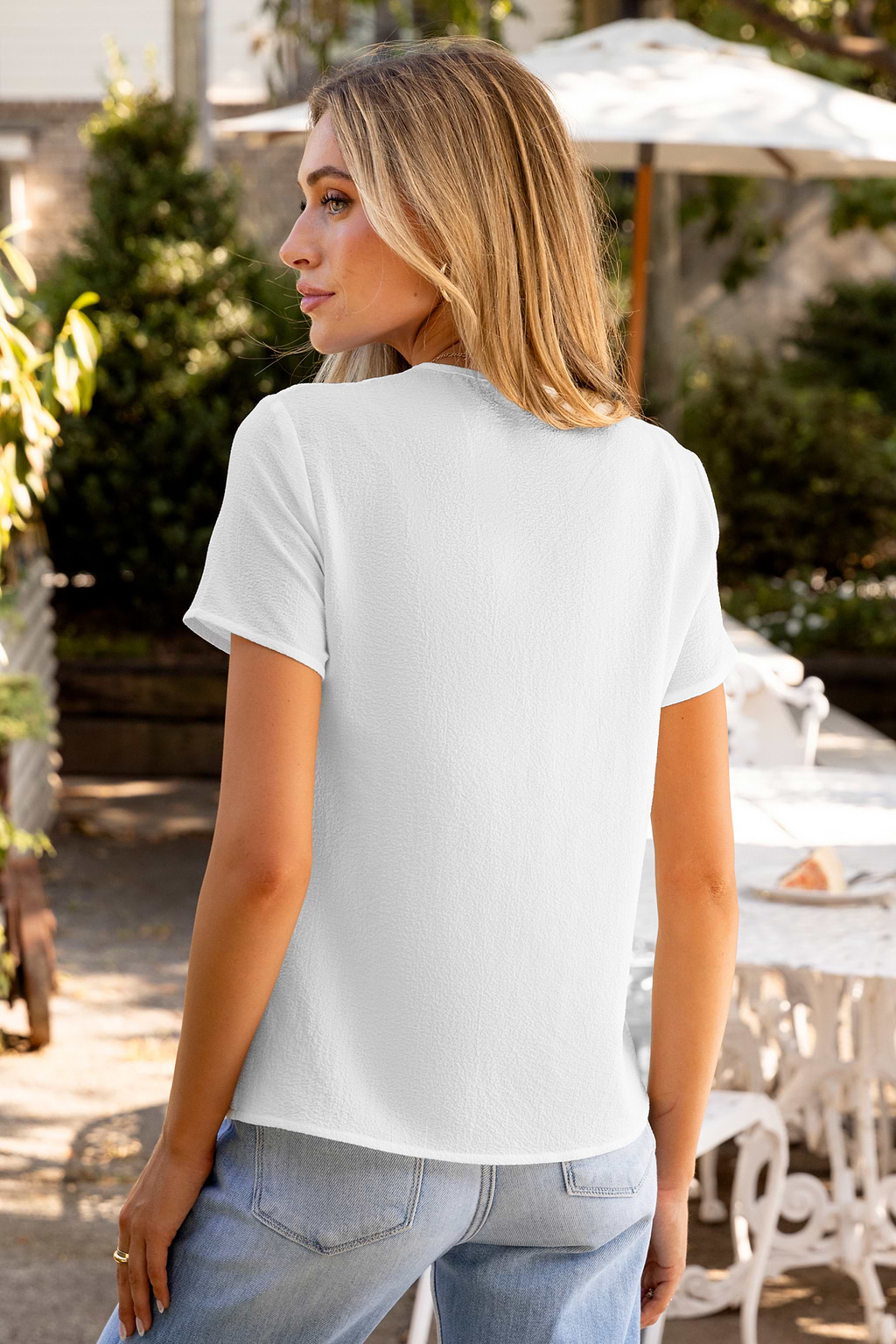 White V-Neck Button Up Tee