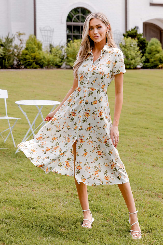 Orange Floral Collared Front Button Midi Dress Orange Floral Collared Front Button Midi Dress