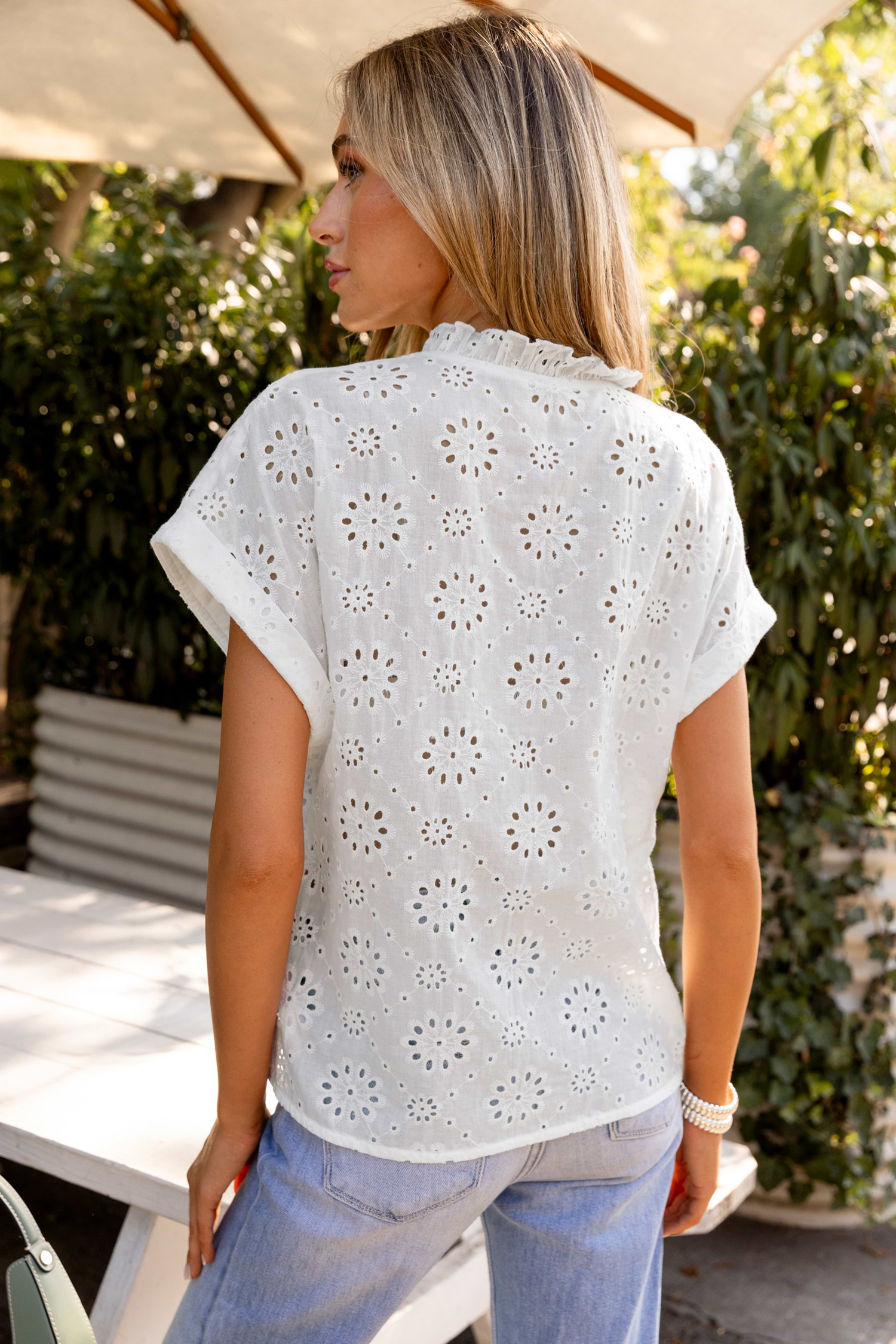 White Eyelet V-Neck Top