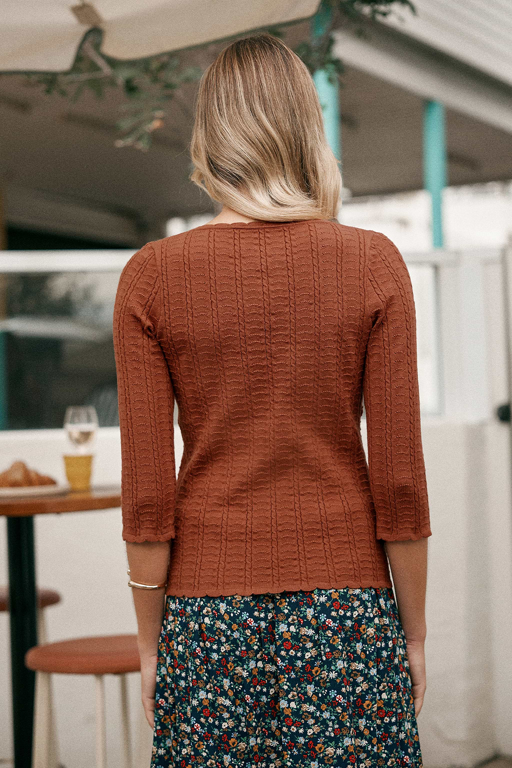 Brick Red V-Neck 3/4 Sleeve Knit Top