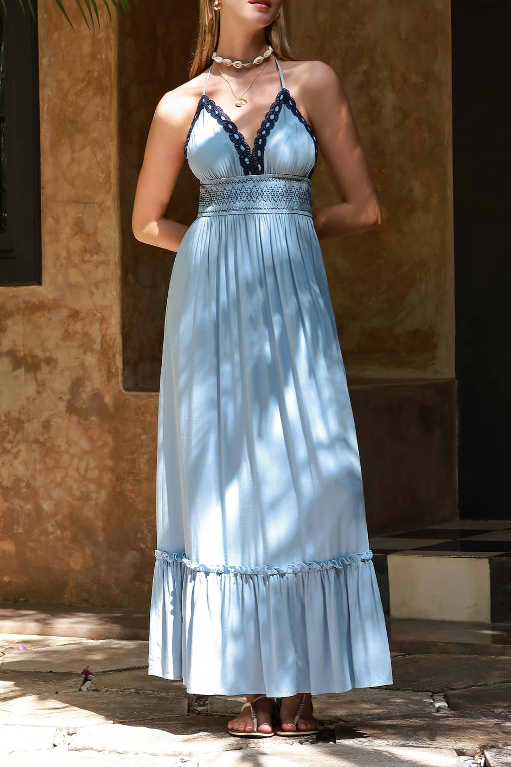 Sky Blue Halterneck Lace Maxi Dress