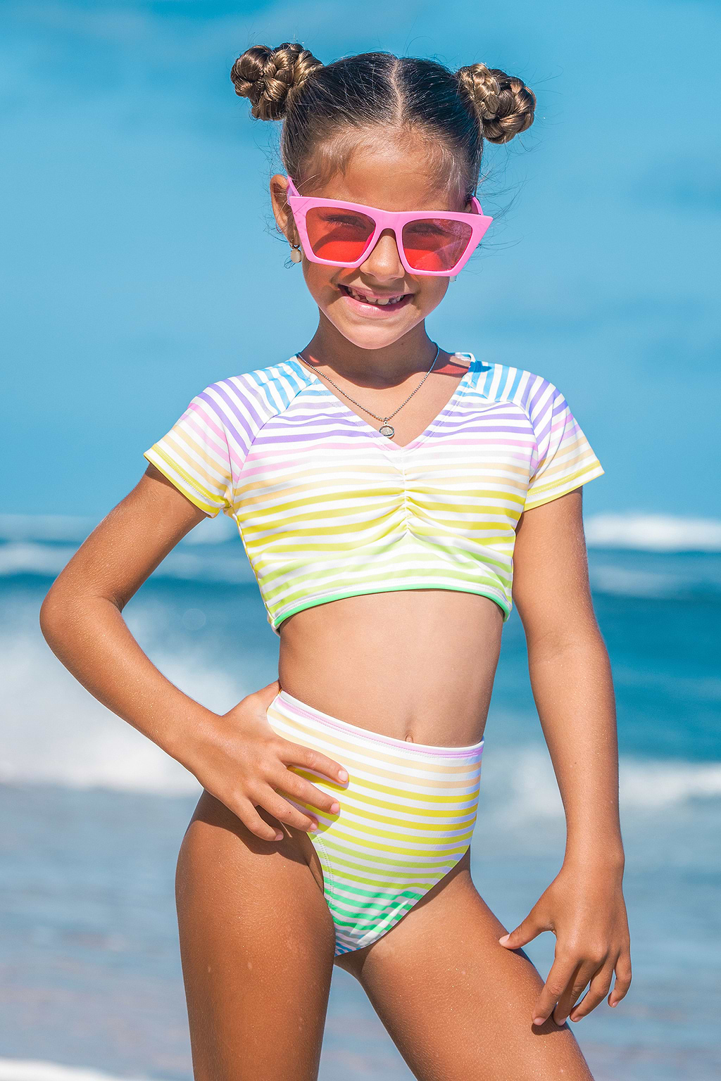 Rainbow Striped Short Sleeve Swim Top & Bottoms Set