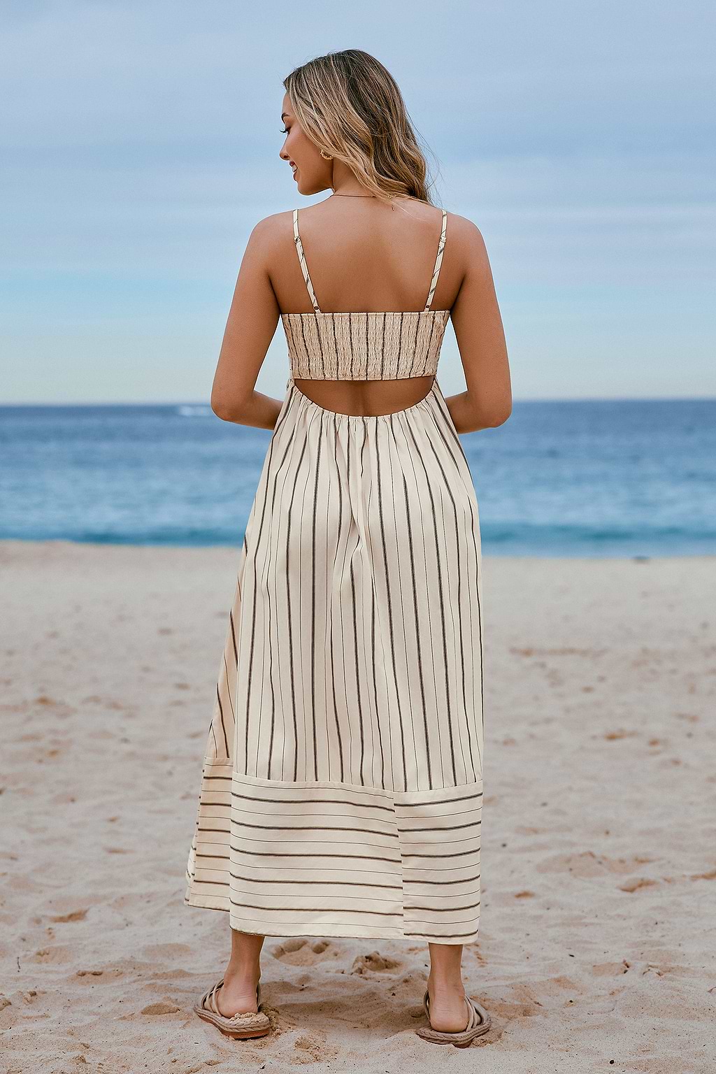 Beige Striped Sleeveless Square Neck Maxi Dress