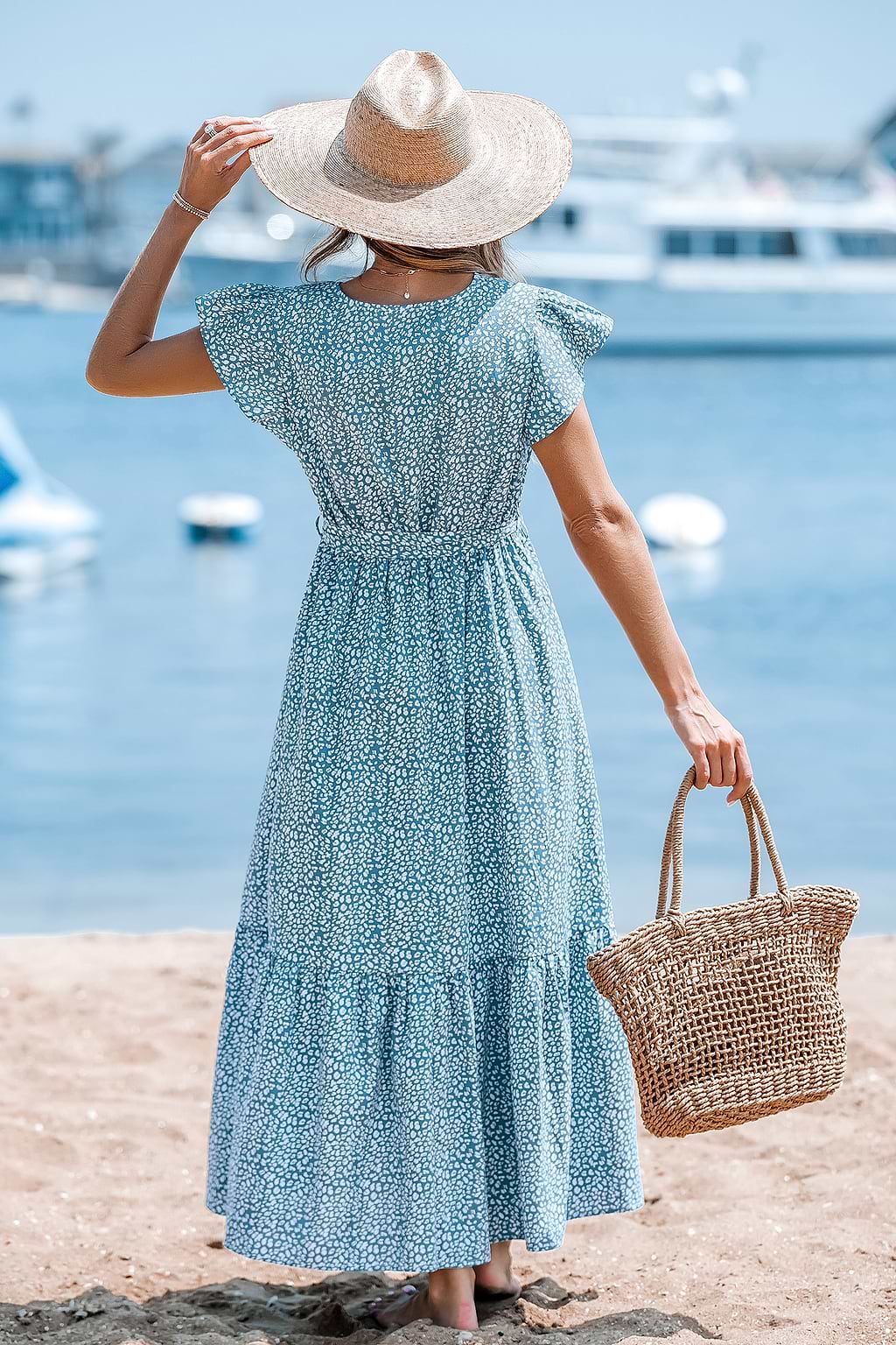 Robe midi à imprimé léopard avec col en V bleue