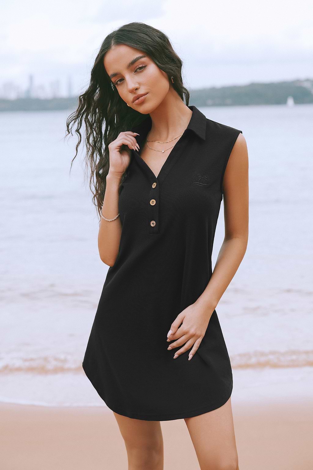 Black Sleeveless Collared Mini Dress
