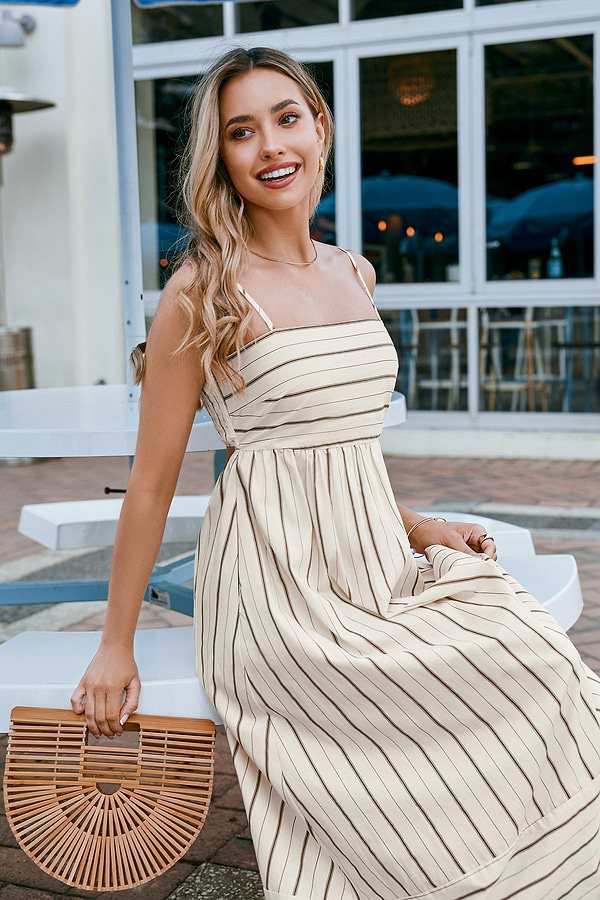 Beige Striped Sleeveless Square Neck Maxi Dress Beige Striped Sleeveless Square Neck Maxi Dress