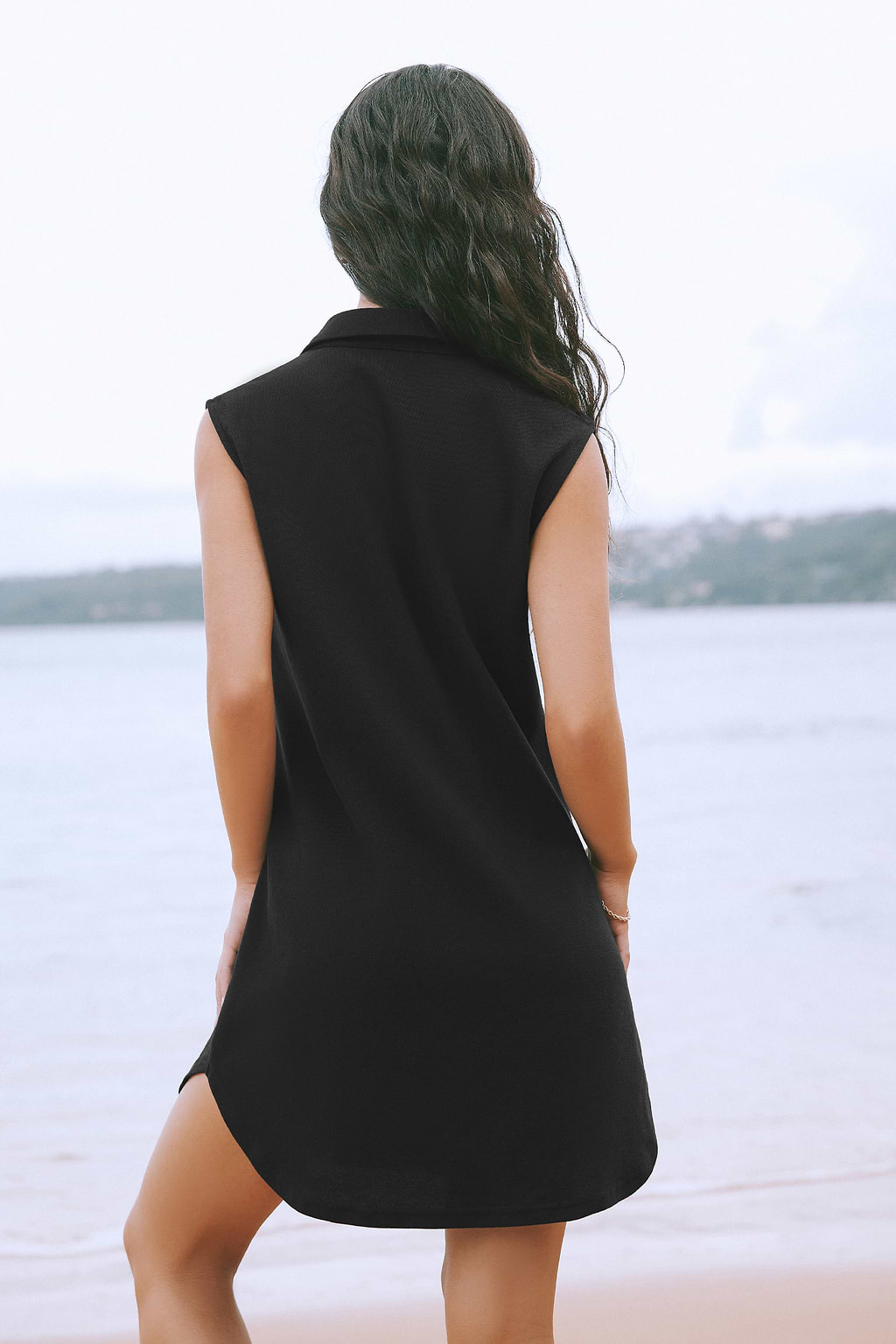 Black Sleeveless Collared Mini Dress
