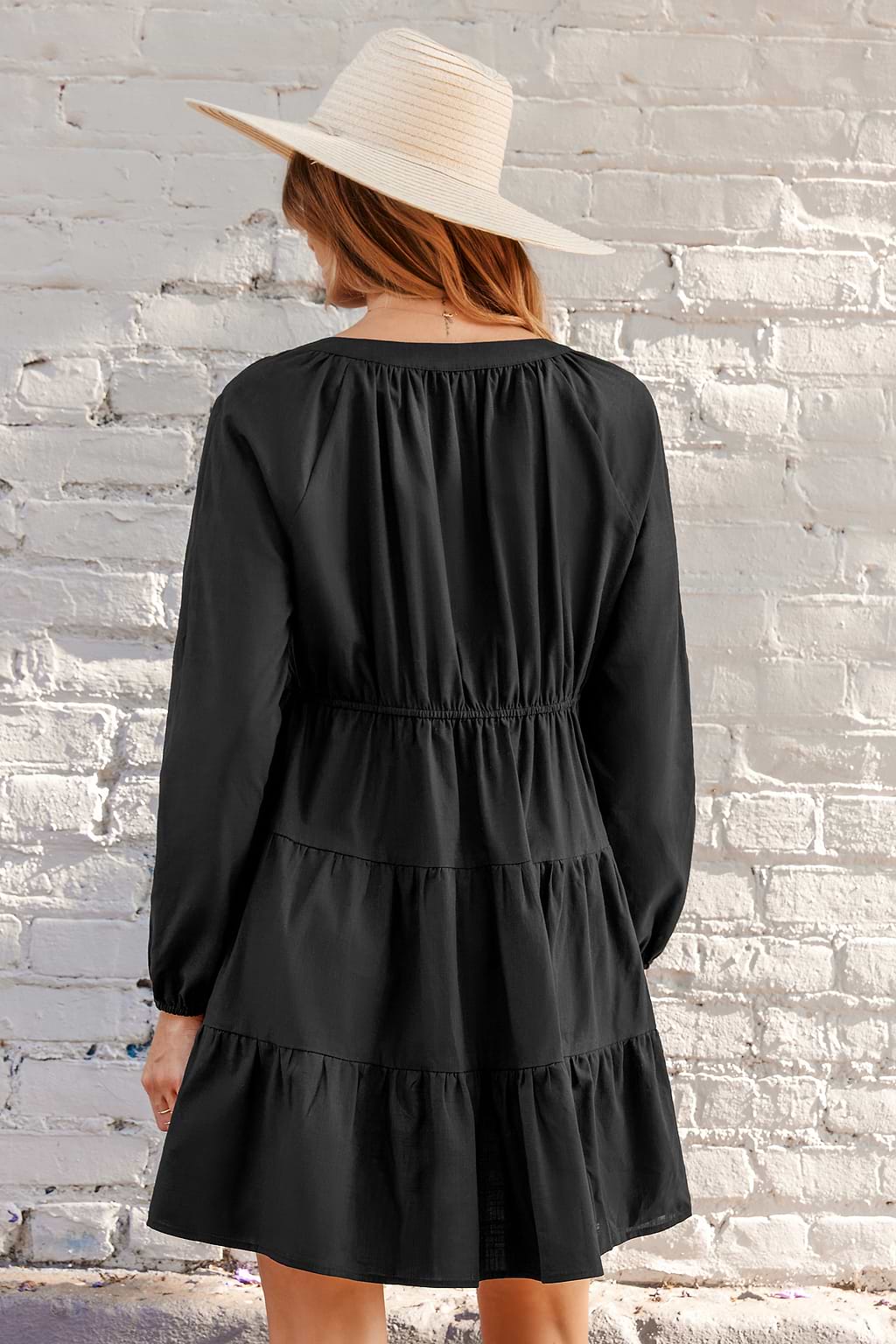 Black V-Neck Long Sleeve Ruffle Hem Mini Dress