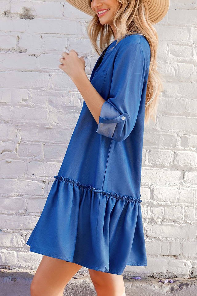 Navy Long Sleeve Drop Waist Ruffle Hem Mini Dress