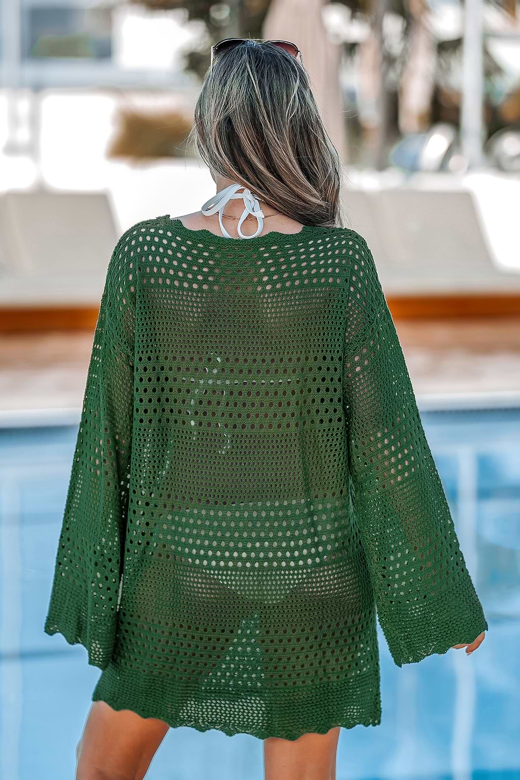 Green Round Neck Long Sleeve Crochet Cover-Up Dress