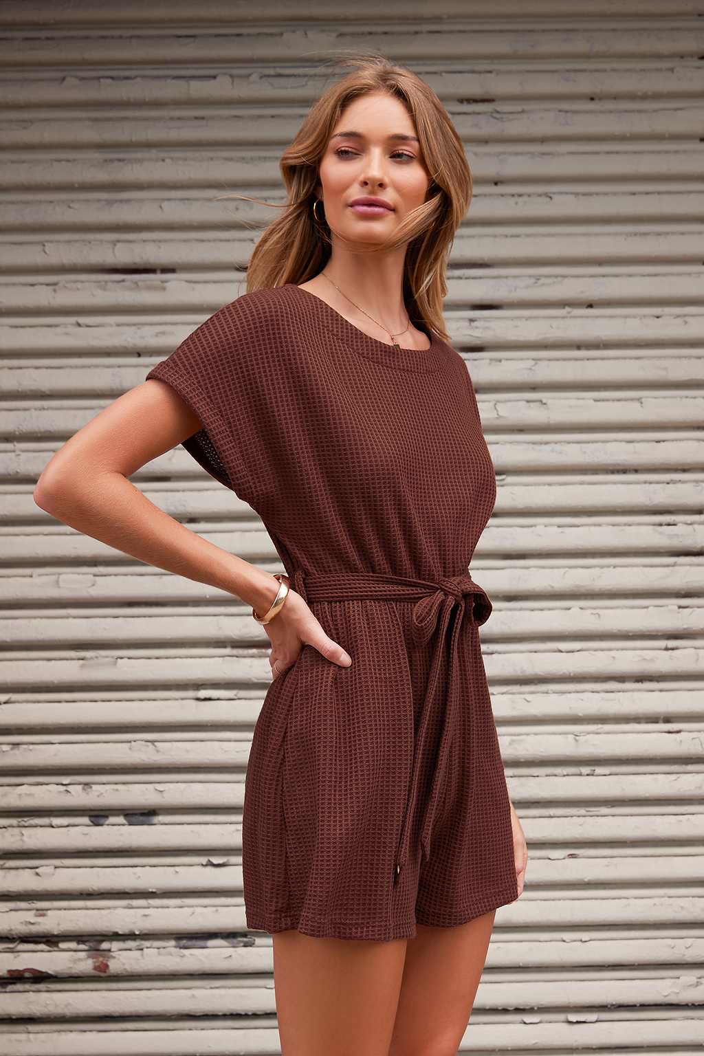 Maroon Waffle Knit Belted Romper
