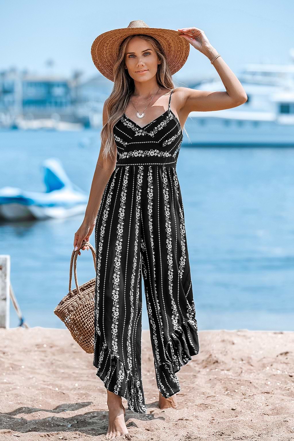 Black Floral Striped Sleeveless Ruffled Wide Leg Jumpsuit