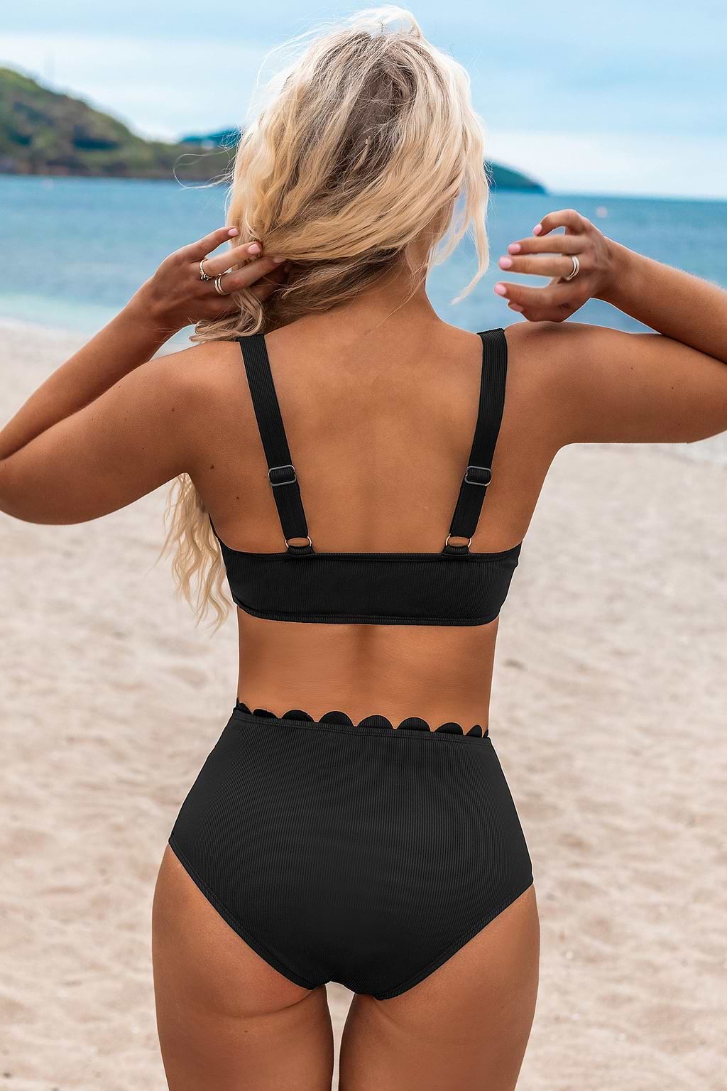 Black Plunging Scalloped Bikini Top & High-Waisted Bottoms Set