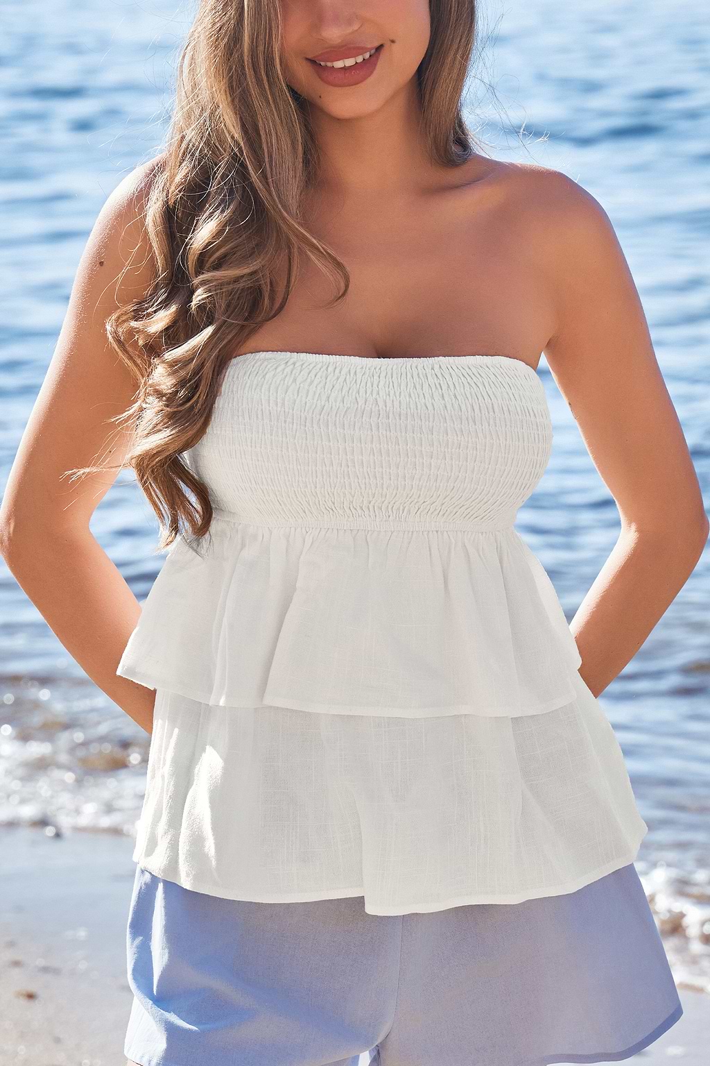 White Smocked Bodice Tiered Tube Top