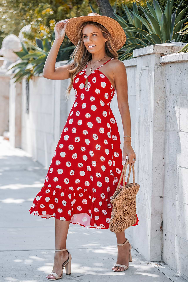 Red Polka Dot Halter Asymmetrical Midi Dress