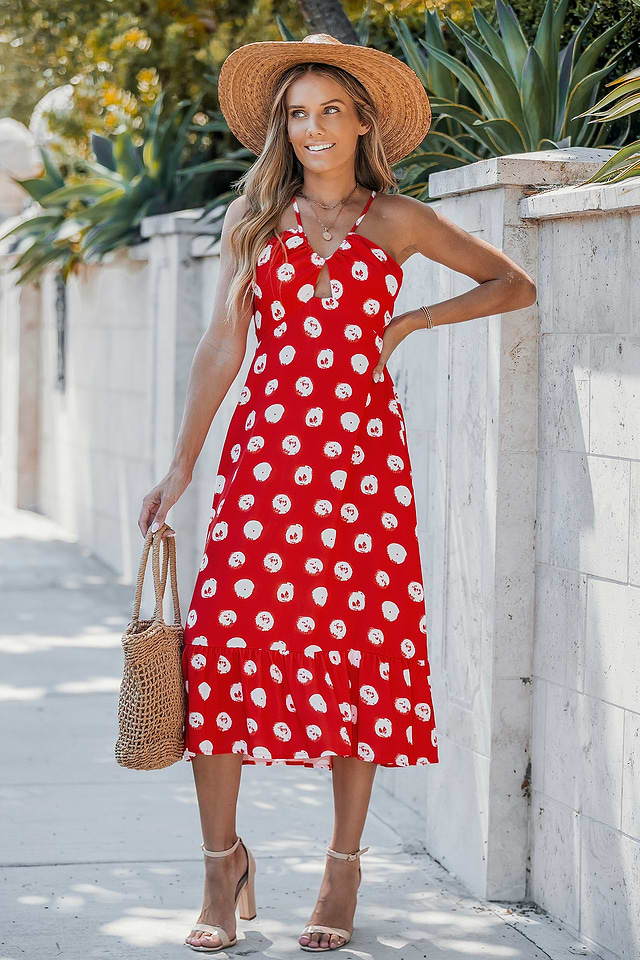 strapless open back dress Bette Midi Dress - Red Polka Dot main image 1