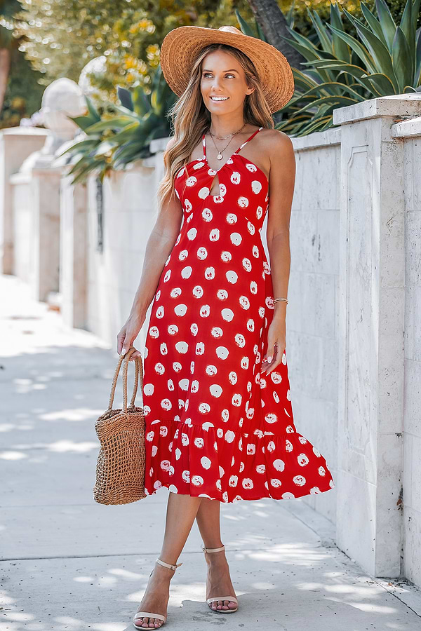 fitted lace wedding dress Abi Midi Dress in Layla Dot Red
