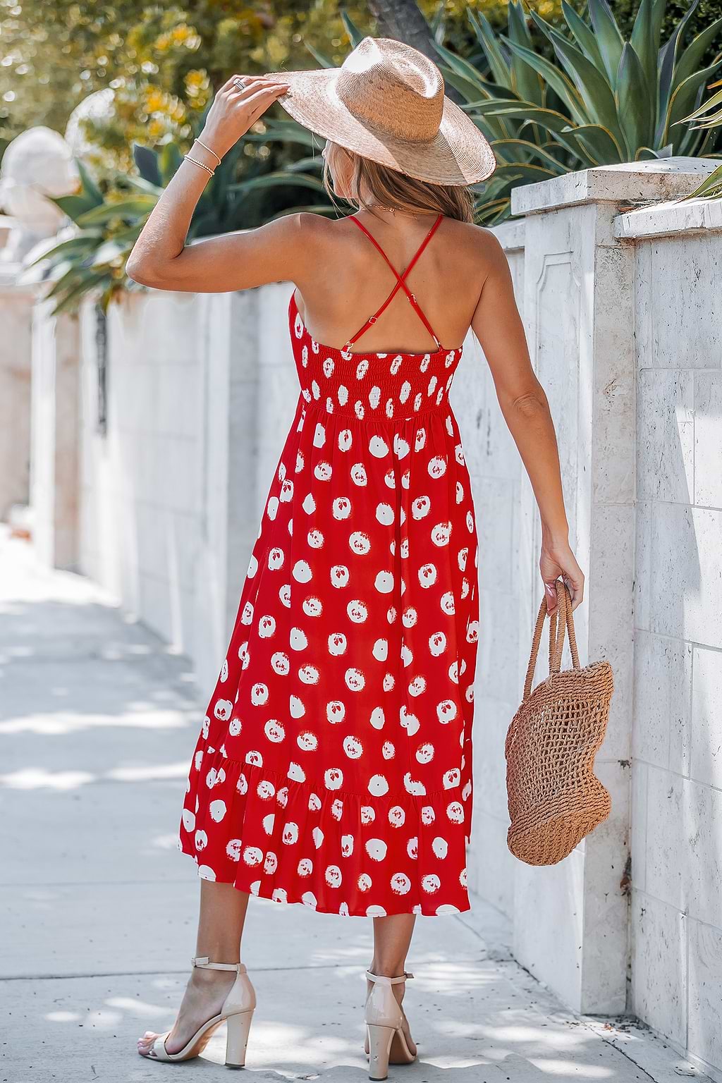 Red Polka Dot Halter Asymmetrical Midi Dress