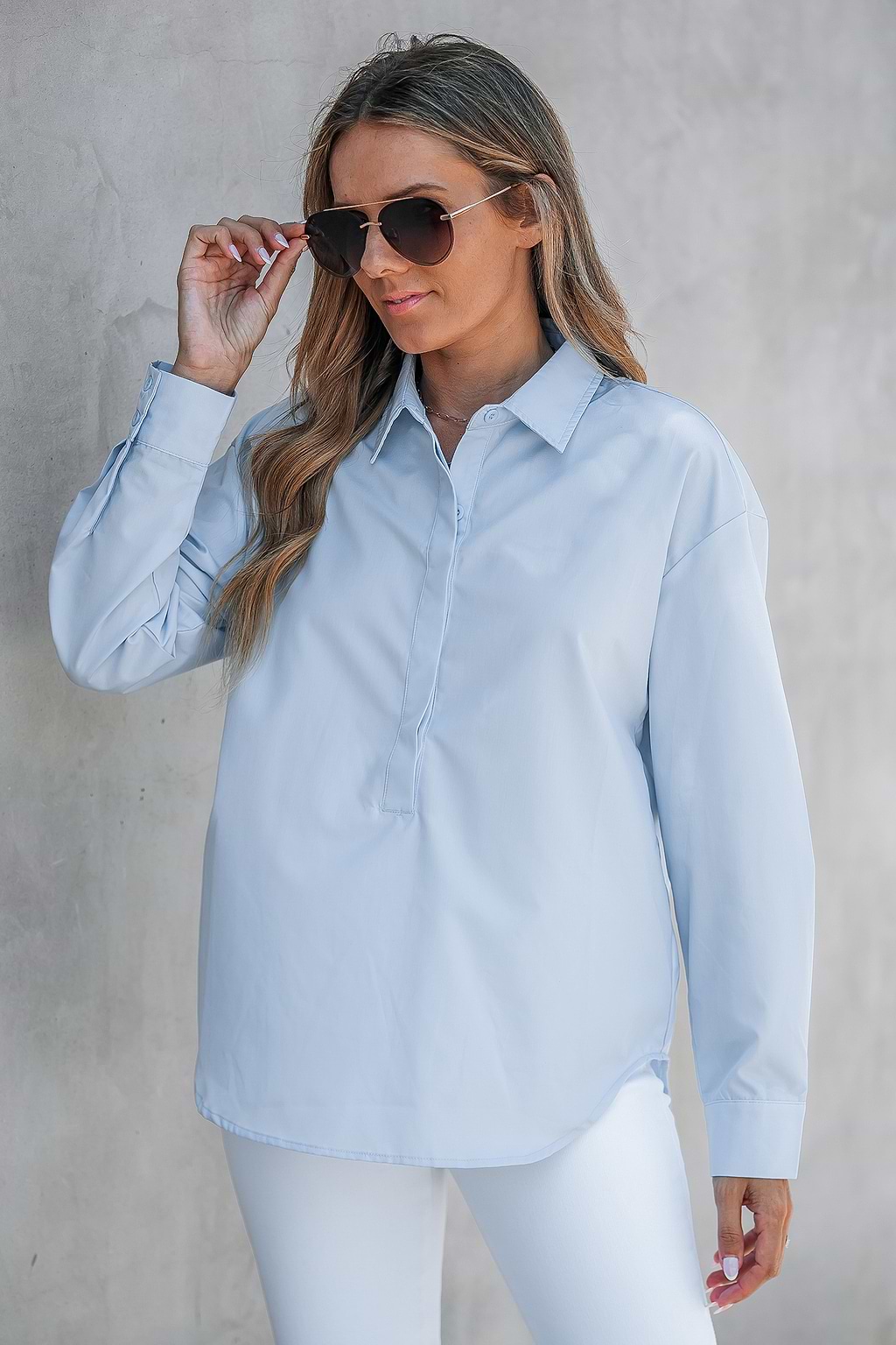 Blue Collared Hidden Button Long Sleeve Shirt