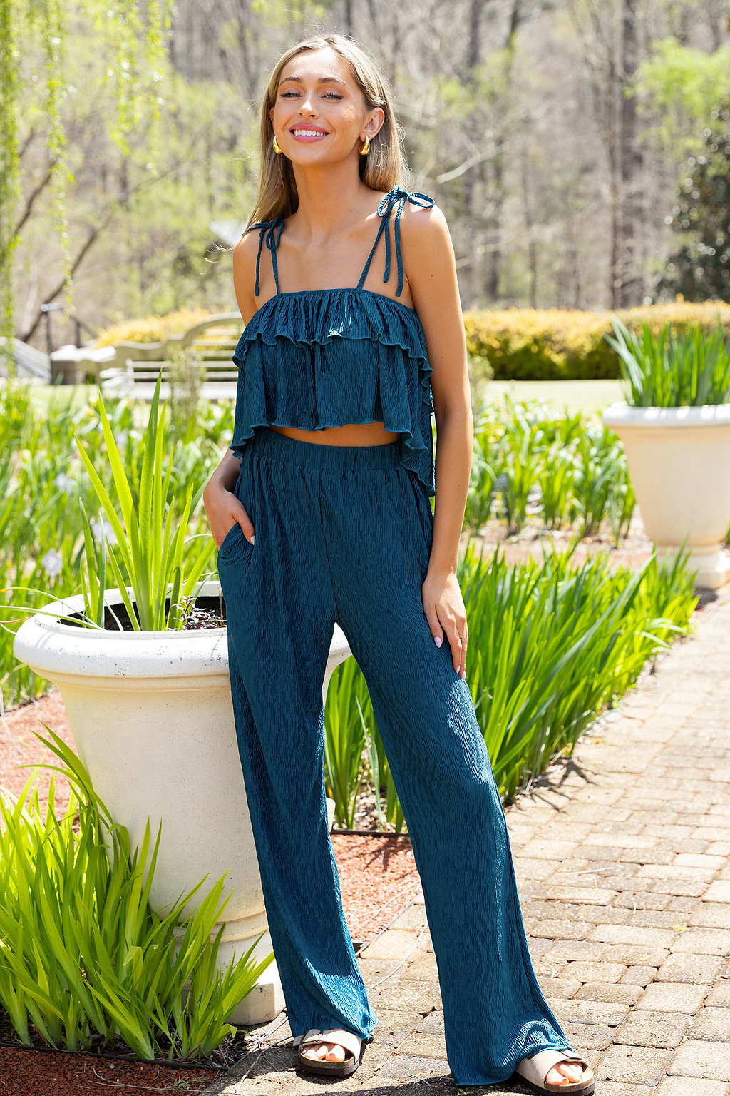 Aqua Tiered Tie-Shoulder Tank & Wide Leg Pants Set