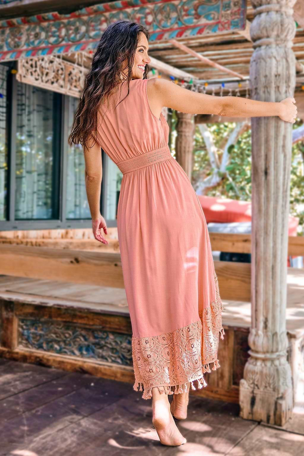 Pink Sleeveless Tassel Trim Hi-Low Midi Dress